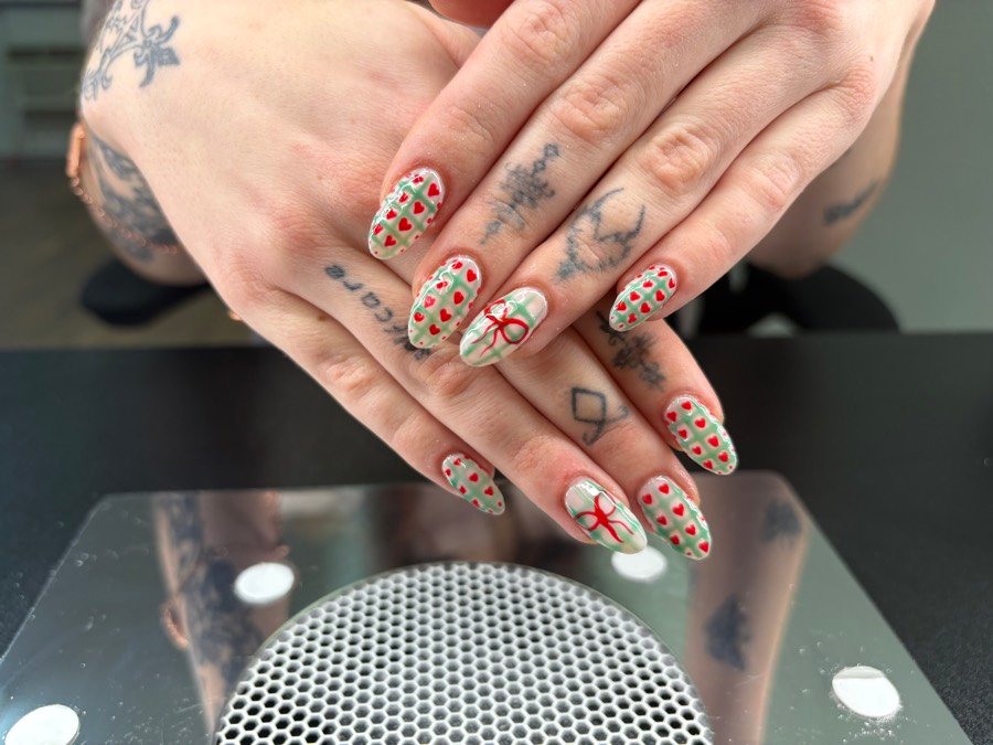 Nails with red cherry and gingham art