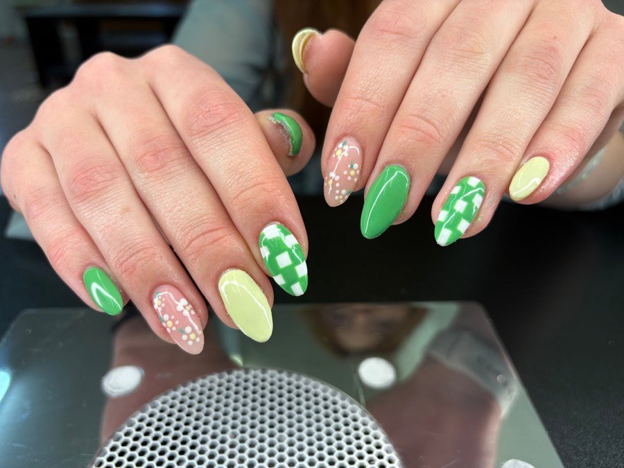 Green checkerboard and polka dot nails